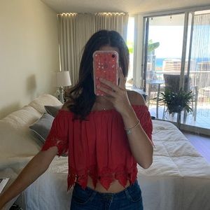 Off the shoulder red flowy lace crop 🍓❤️